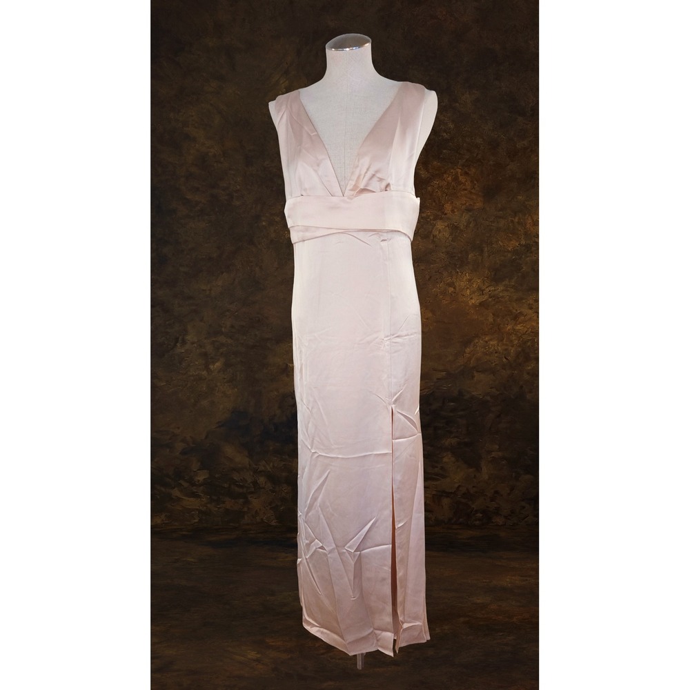FEHAUTE‎ Light Pink Satin V-Neck Sleeveless Maxi Dress with Side Slit Size 8